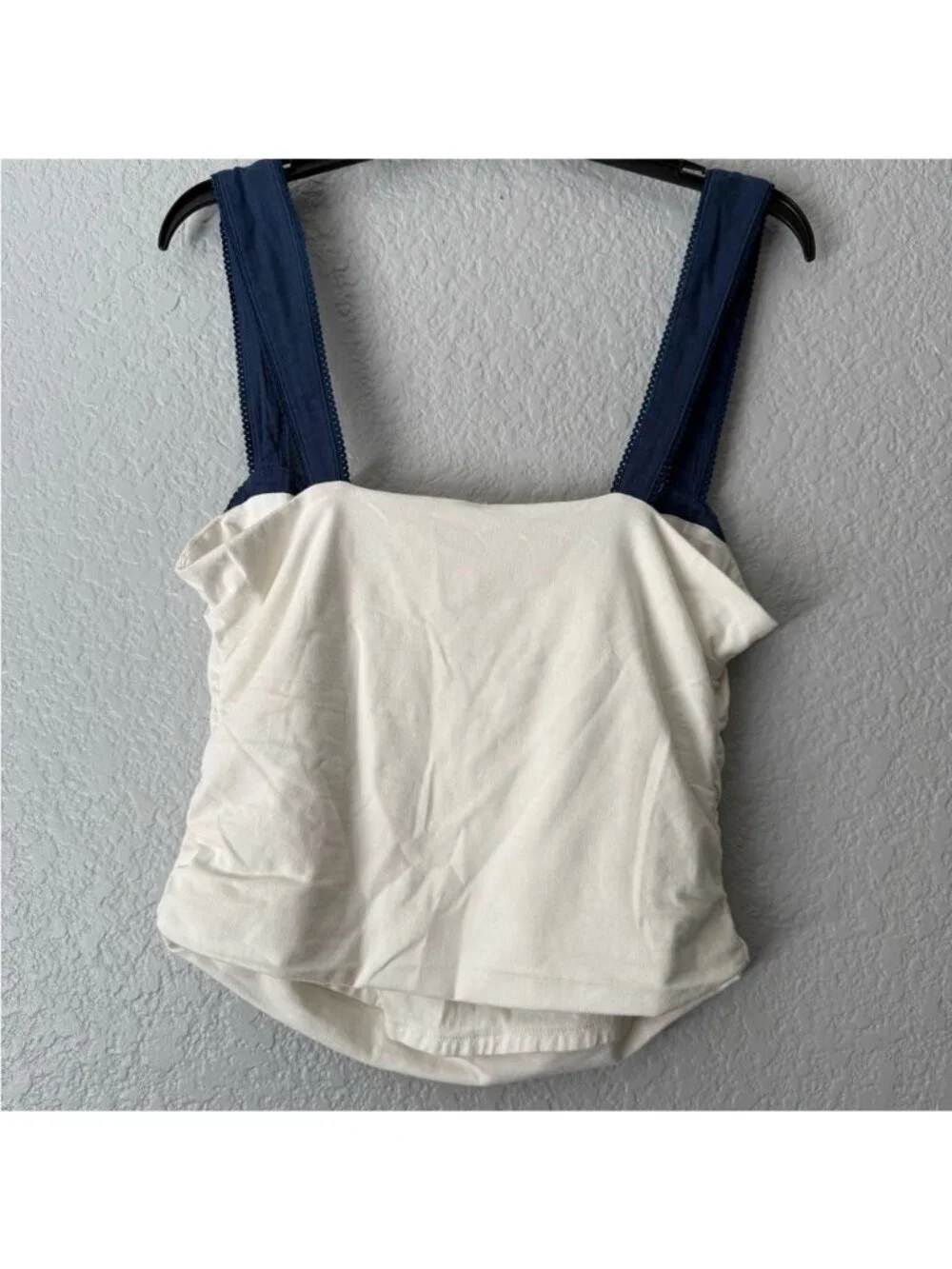 Free People Women's Colorblock Ruched Tank Top Ivory Blue Cotton XL